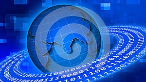 Binary Code circles around earth on abstract background from square elements