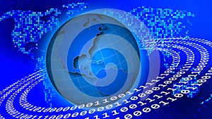 Binary Code circles around earth on background as stylized world map made of blue square elements