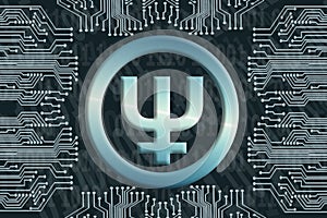 Binary code and circuit board on a dark background. primecoin XPM