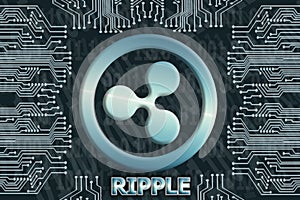 Binary code and circuit board on a dark background.  ripple XRP cryptocurrency symbol. Concept of digital currency, Blockchain,
