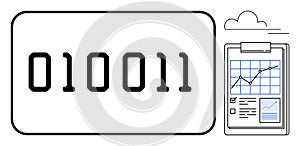 Binary code with data chart clipboard representing analytics and cloud computing