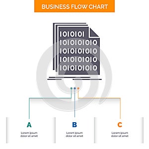 Binary, code, coding, data, document Business Flow Chart Design with 3 Steps. Glyph Icon For Presentation Background Template