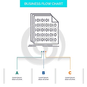 Binary, code, coding, data, document Business Flow Chart Design with 3 Steps. Line Icon For Presentation Background Template Place