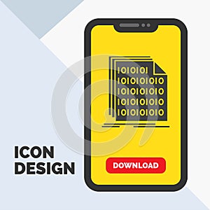 Binary, code, coding, data, document Glyph Icon in Mobile for Download Page. Yellow Background