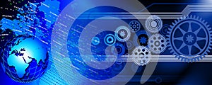Binary Code and cogs Background with global marketing , Digital Abstract technology background. Java, coding.