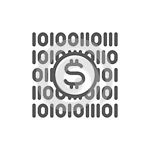 Binary code with coin, cryptocurrency, bitcoin line icon.