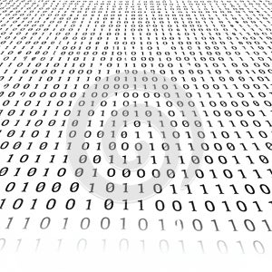 Binary code consisting of ones and zeros is arranged in rows across a white