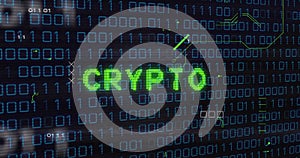 Binary code and CRYPTO text image over digital data background