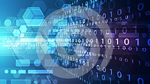 Binary Code Data Flow Background: Abstract Geometric Hexagon and High-Speed Digital Technology