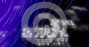 Binary code and data processing image over digital grid with purple lines