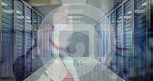 Binary code and data processing image over server room with racks