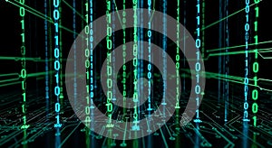 Binary Code Data Stream on Digital Circuit Board