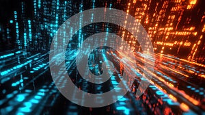 Binary code data streams flowing in digital grid