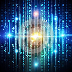 Binary Code Digital Background with Glowing Numbers and Dots