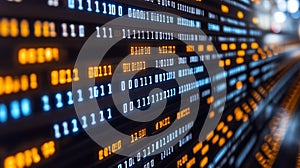 Binary code digital data glowing number technology background cyber security abstract pattern blue light orange light binary