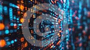 Binary Code on a Digital Display with Glowing Lights