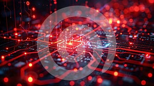 Binary code and digital lines abstract background. Red fiber optics programming matrix digital numbers