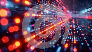 Binary code and digital lines abstract background. Red fiber optics programming matrix digital numbers