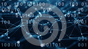 Binary code and digital network connections on a dark blue background data technology