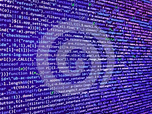 Binary code digital technology background. Modern tech. Monitor closeup of function source code. Big data concepts working in