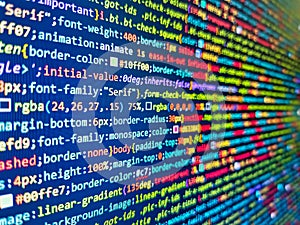 Binary code digital technology background. Screen of web developing javascript code. Abstract source code background. Software