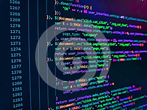 Binary code digital technology background. Screenshot with random parts of program code. Computer code on laptop web developing