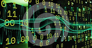 Binary code and digital wave image over cityscape at night