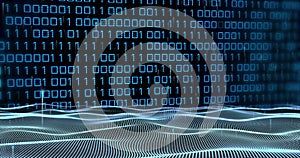 Binary code and digital waves, data processing image