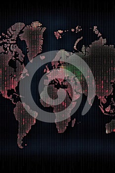 binary code digital world map on dark background