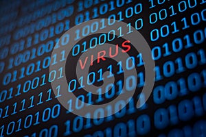 Binary code of 1 and 0 digits with a word Virus in the middle
