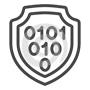 Binary code on emblem line icon, hacker attacks concept. Vector graphics. Code exploit protection shield sign on white