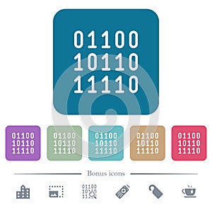 Binary code flat icons on color rounded square backgrounds