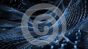 Binary code flowing like wind through a dark sky.