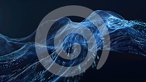 Binary code flowing like wind through a dark sky.