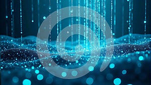 Binary code in the form of glowing rain falling over a dark, futuristic landscape, symbolizing data streaming and the digital