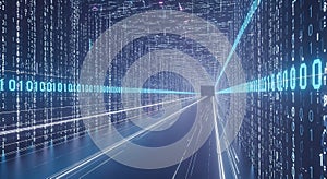 Digital tunnel with binary code creates a futuristic data stream visualization effect