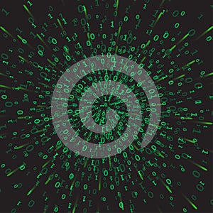 Binary code green and dark background digits on screen. Algorithm binary, data code, decryption and encoding, row matrix