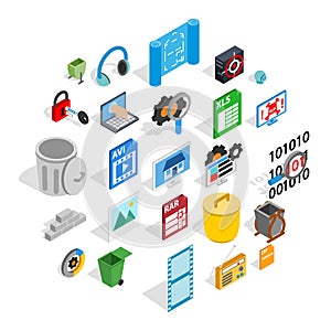 Binary code icons set, isometric style