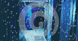 Binary code image over server room with blue lighting