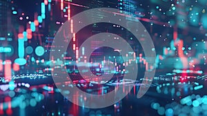 Binary code interacting with candlestick charts.