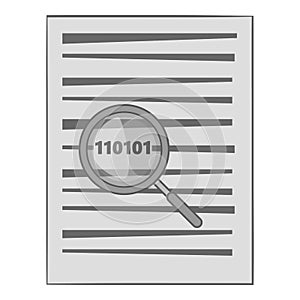 Binary code in magnifier icon, monochrome style