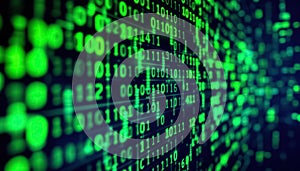 Binary code matrix background, tech style green illuminated numbers
