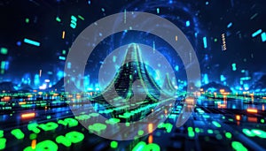 Binary code matrix background, tech style green illuminated numbers