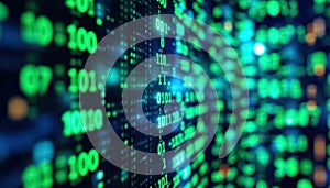 Binary code matrix background, tech style green illuminated numbers