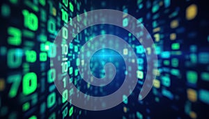 Binary code matrix background, tech style green illuminated numbers
