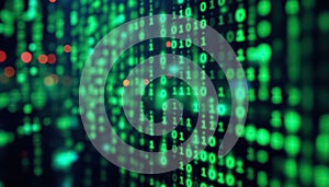 Binary code matrix background, tech style green illuminated numbers