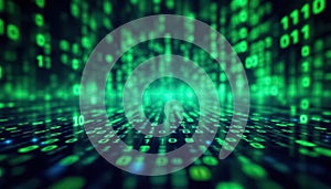 Binary code matrix background, tech style green illuminated numbers
