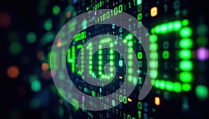 Binary code matrix background, tech style green illuminated numbers