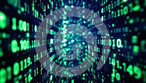 Binary code matrix background, tech style green illuminated numbers