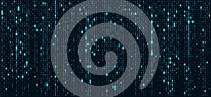 Binary code matrix on blue cyber background with abstract data streams and glowing lines. Technology concept with computer numbers
